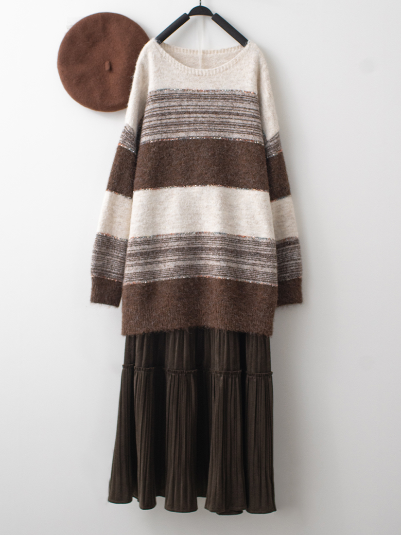 混色坎紗針織上衣印花壓褶絨面長裙組合