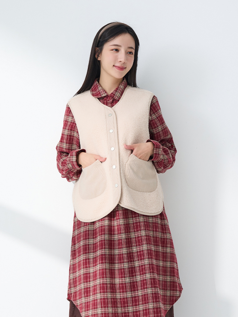 搖粒絨貓咪背心法蘭絨格紋洋裝純棉寬褲組合