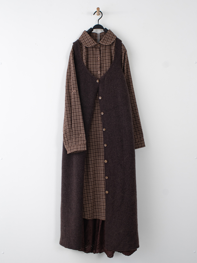 排釦吊帶針織背心格紋半開襟洋裝組合