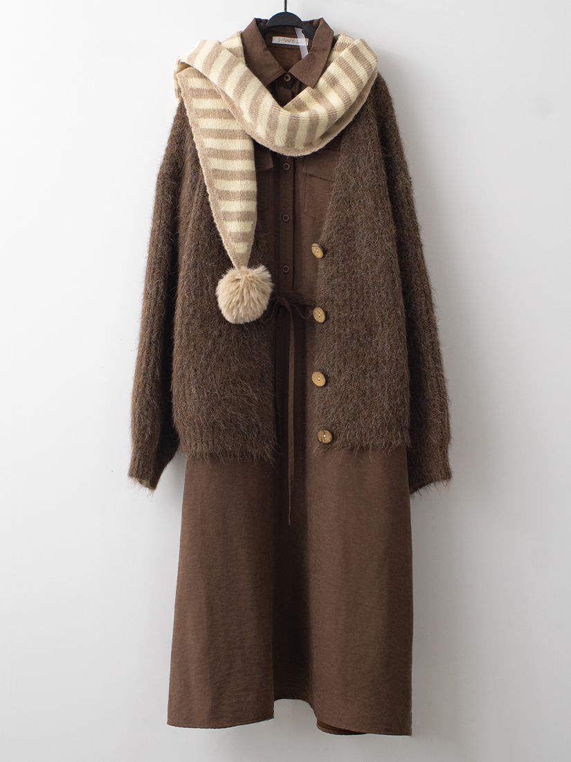 毛海V領針織開衫簡約桃面絨綁帶洋裝組合