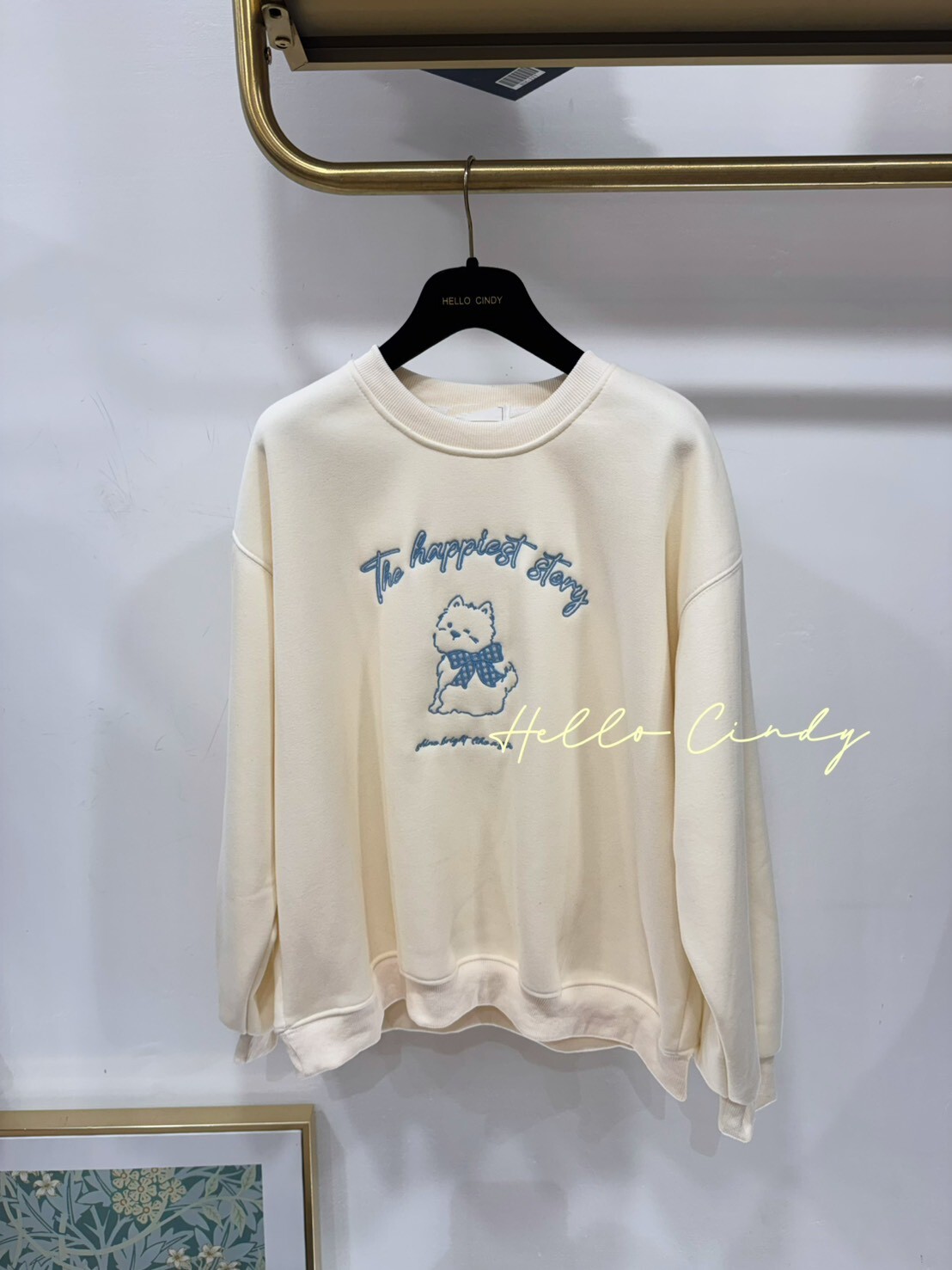 B12147 超可愛的水藍刺繡狗狗短絨毛大學T