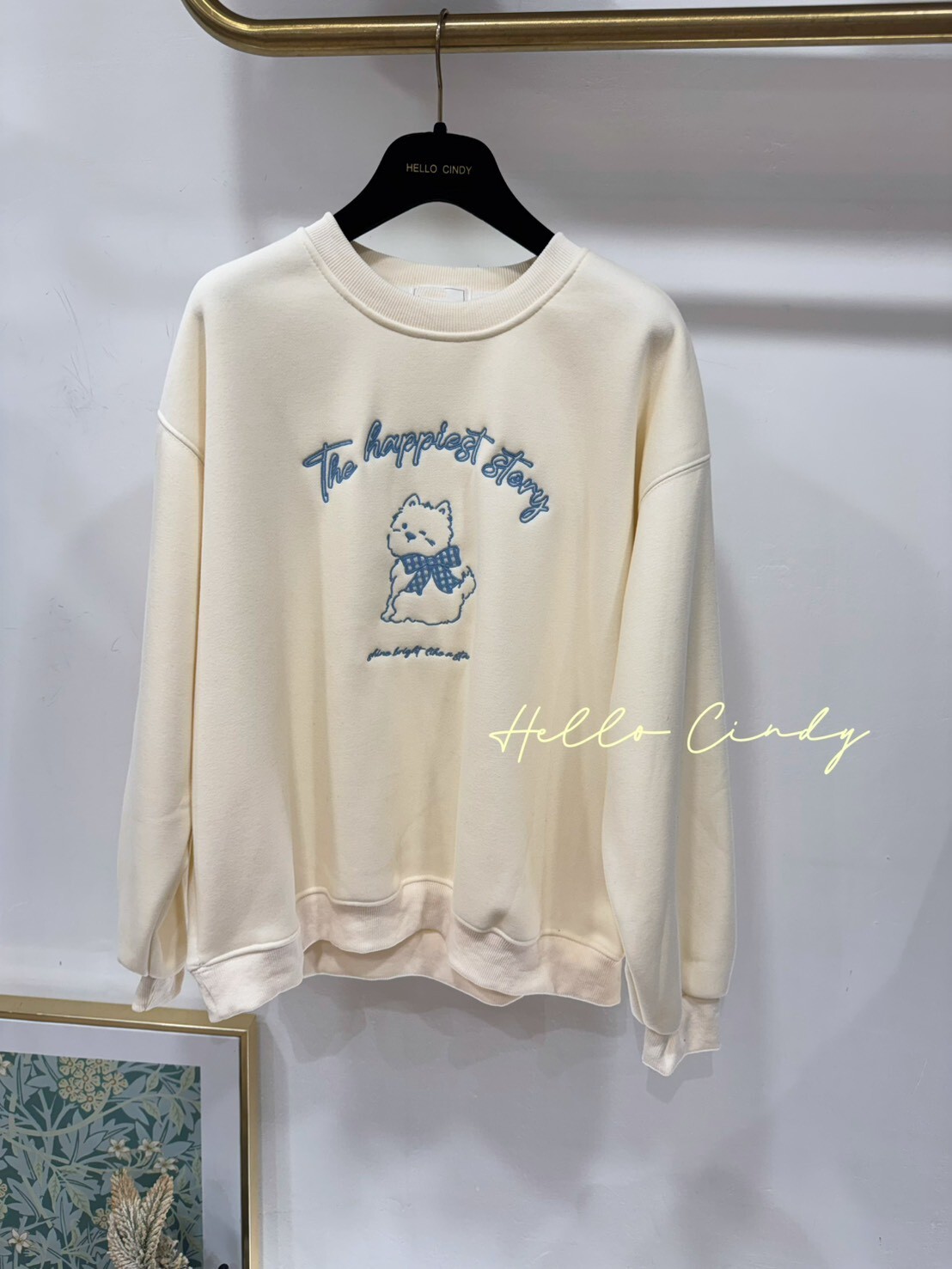 B12147 超可愛的水藍刺繡狗狗短絨毛大學T