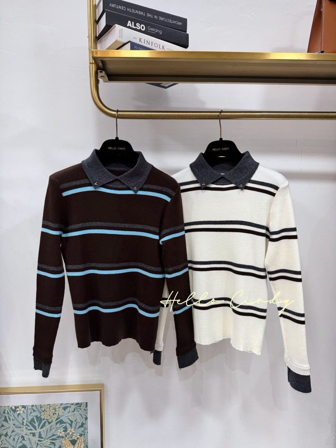 B12167 小復古撞色條紋假領子針織上衣