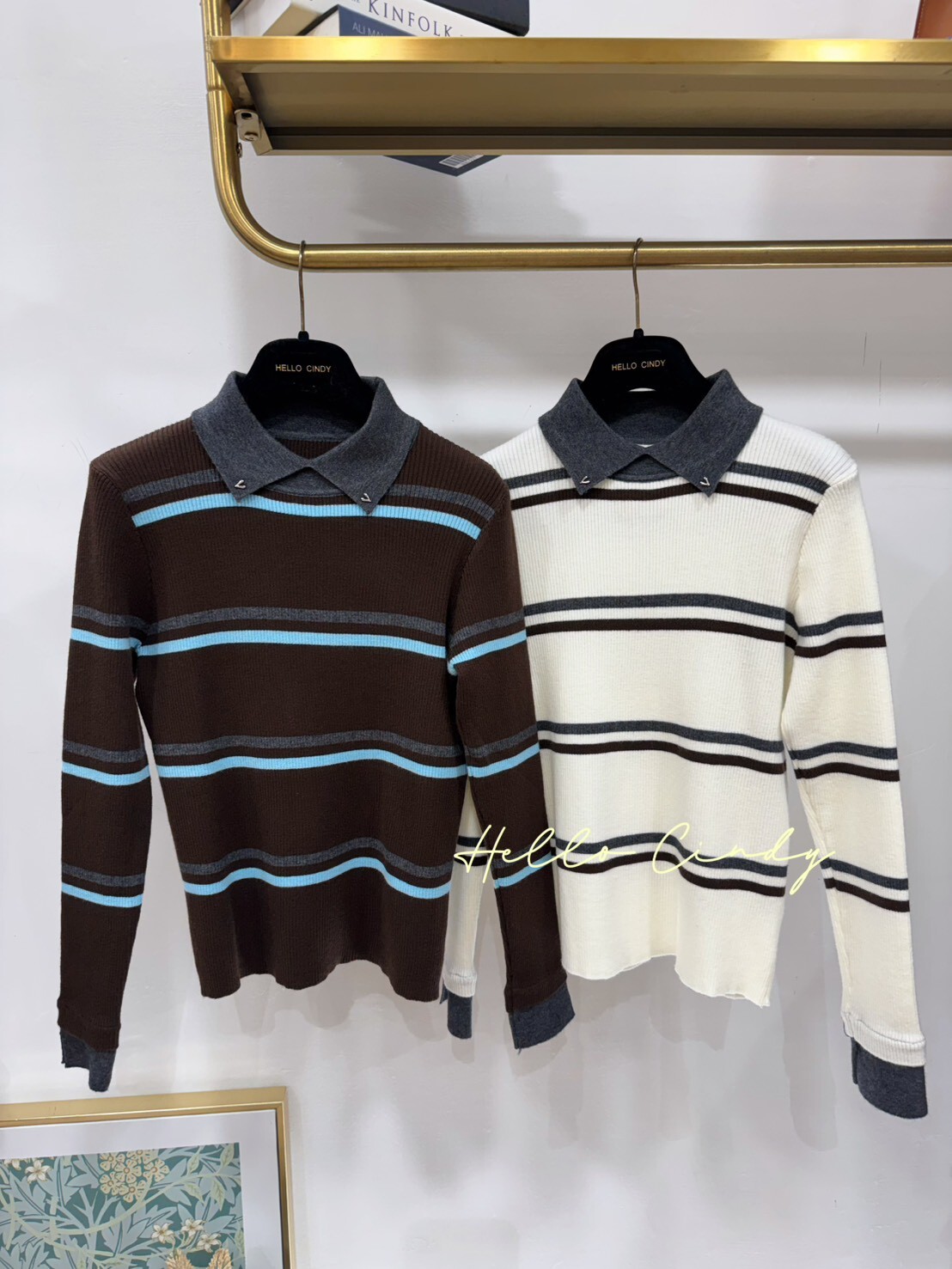 B12167 小復古撞色條紋假領子針織上衣