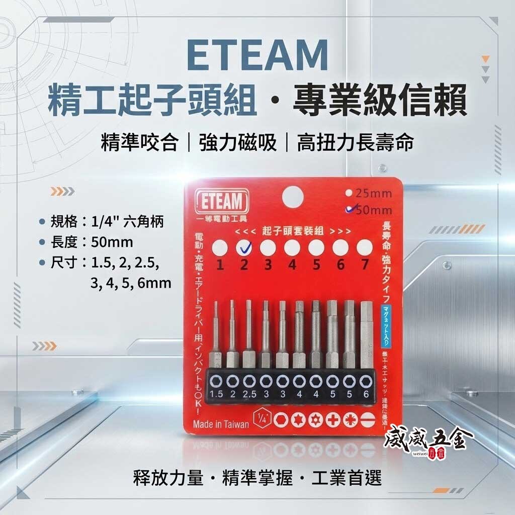 一等-旺鴻隨機 ETEAM 台灣製｜六角頭 1.5-6mm 長50mm 單頭六角起子頭 內六角起子頭 10PCS｜套裝2