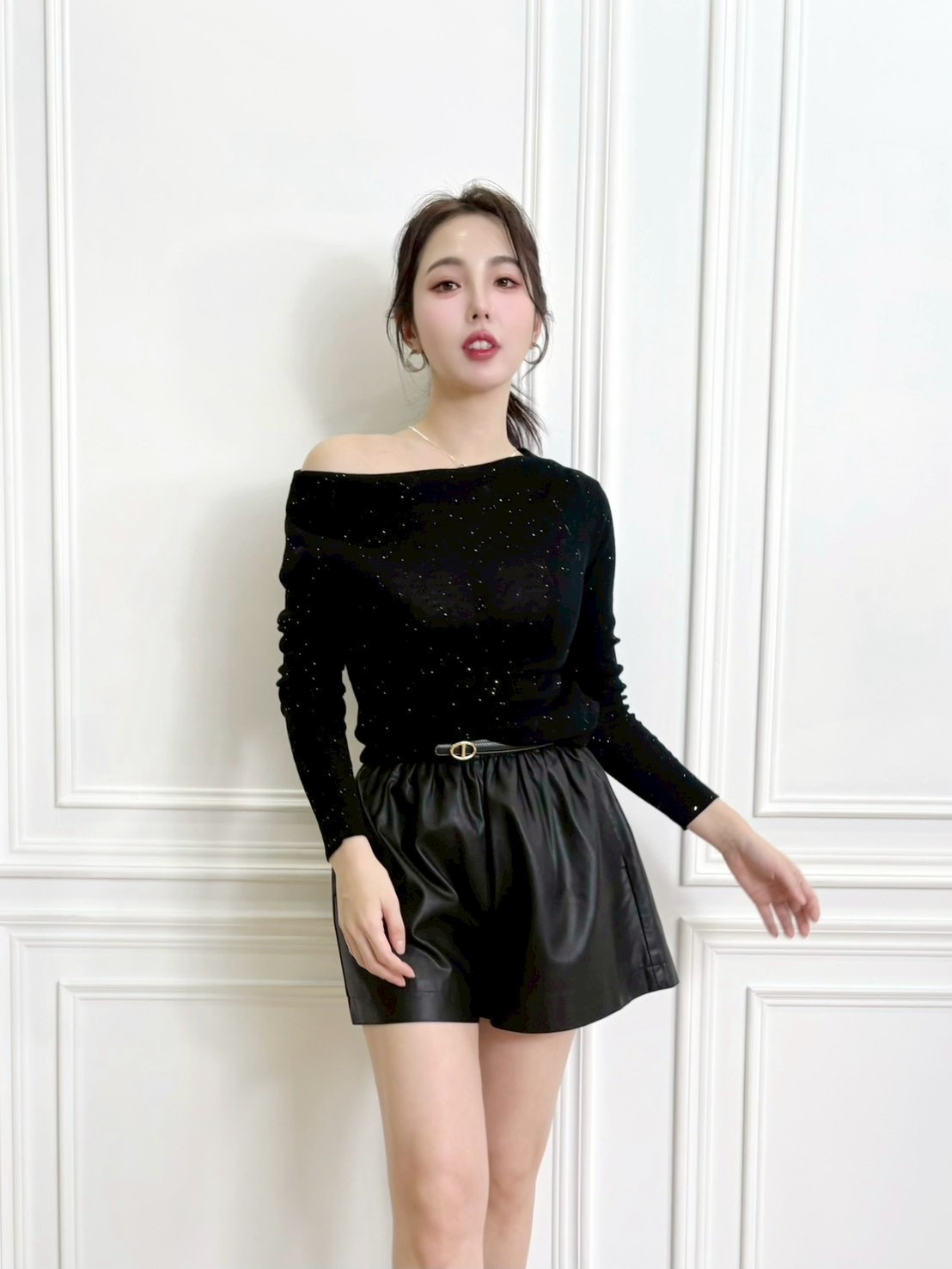 星空平領彈性針織上衣(可拉一字)