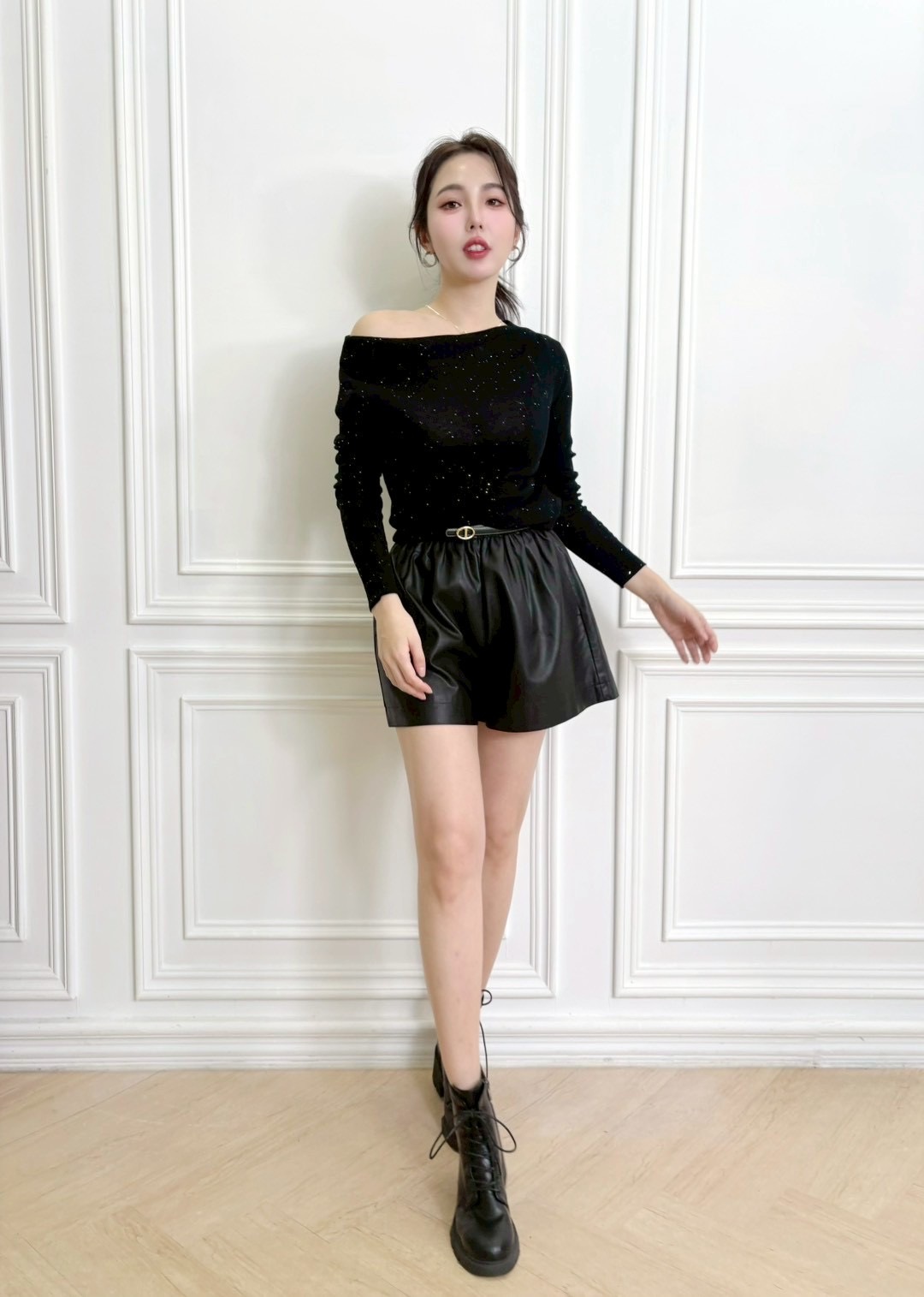 星空平領彈性針織上衣(可拉一字)