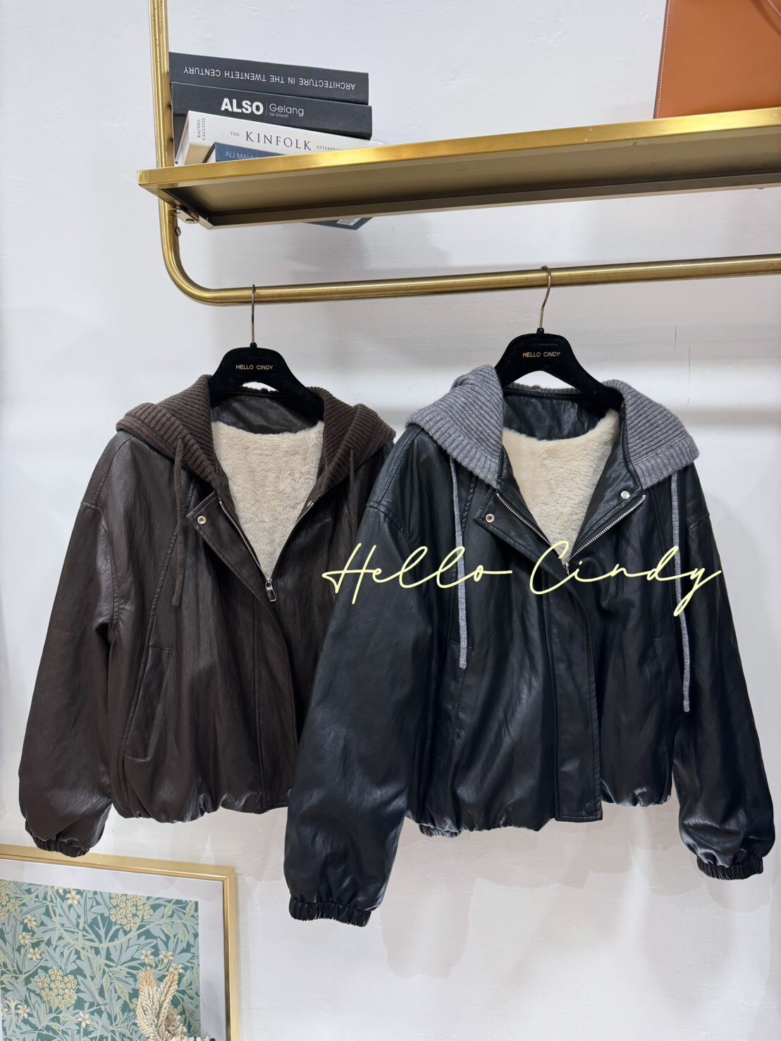 B12162 柔軟的針織連帽短絨毛皮革外套