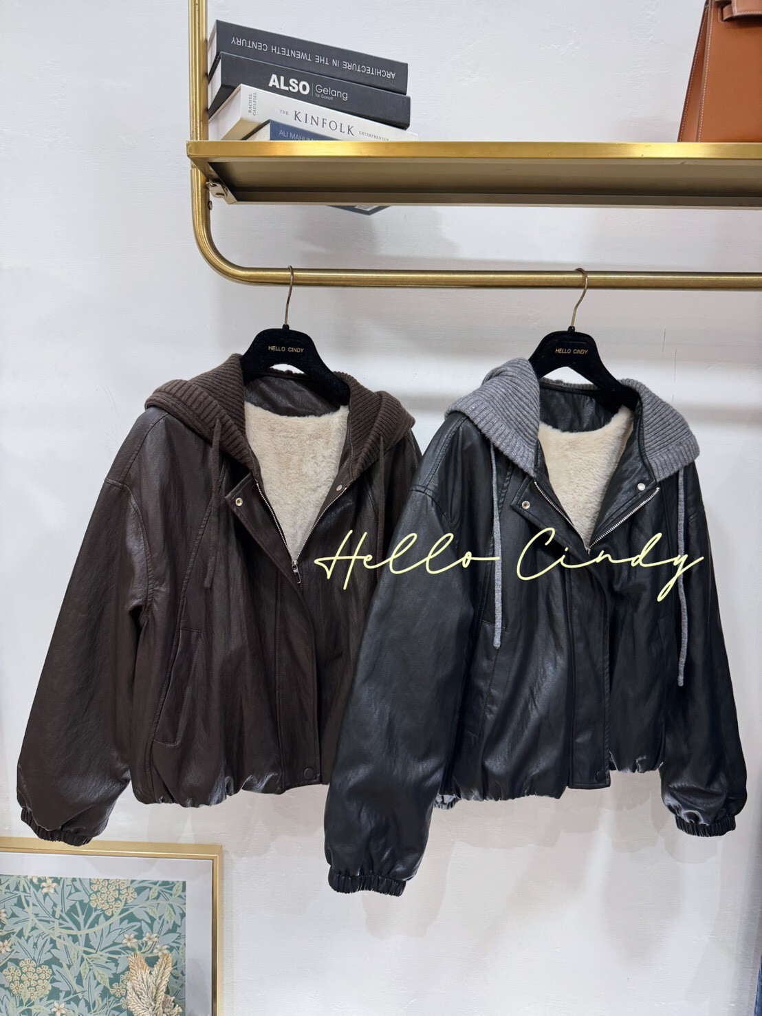 B12162 柔軟的針織連帽短絨毛皮革外套