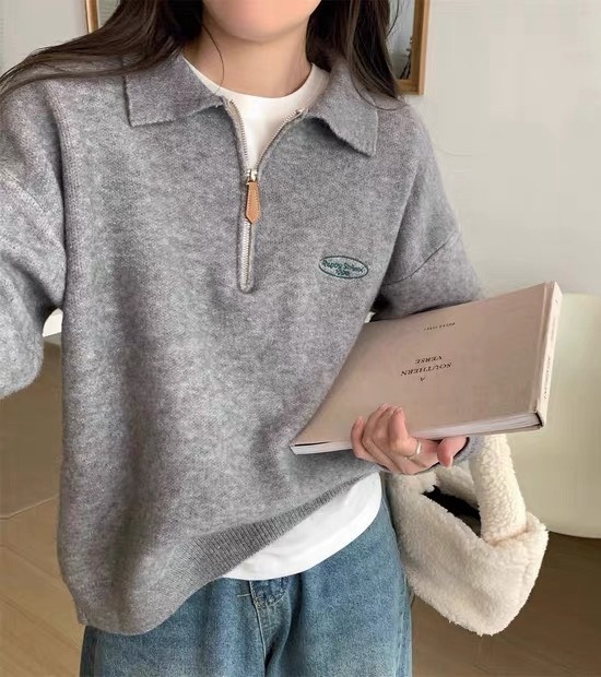 POLO領拉鍊圈圈刺繡針織衣