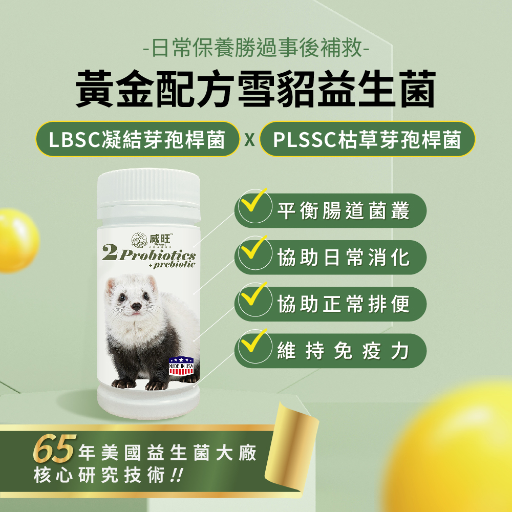 威旺雪貂腸胃二菌，使用雙芽孢桿菌配方，幫助腸道菌叢平衡與日常消化保養