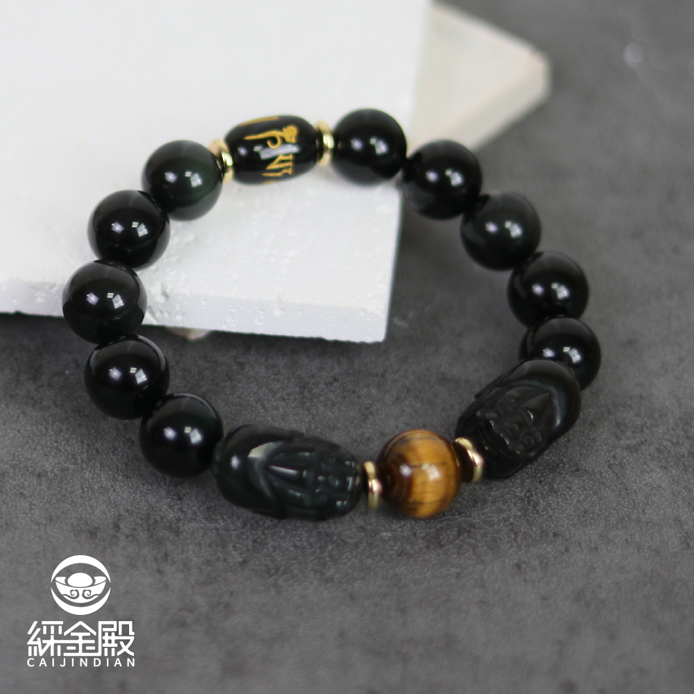 招財雙貔貅虎眼石手鍊-14mm｜招財｜防小人｜擋煞｜ 避邪【綵金殿】