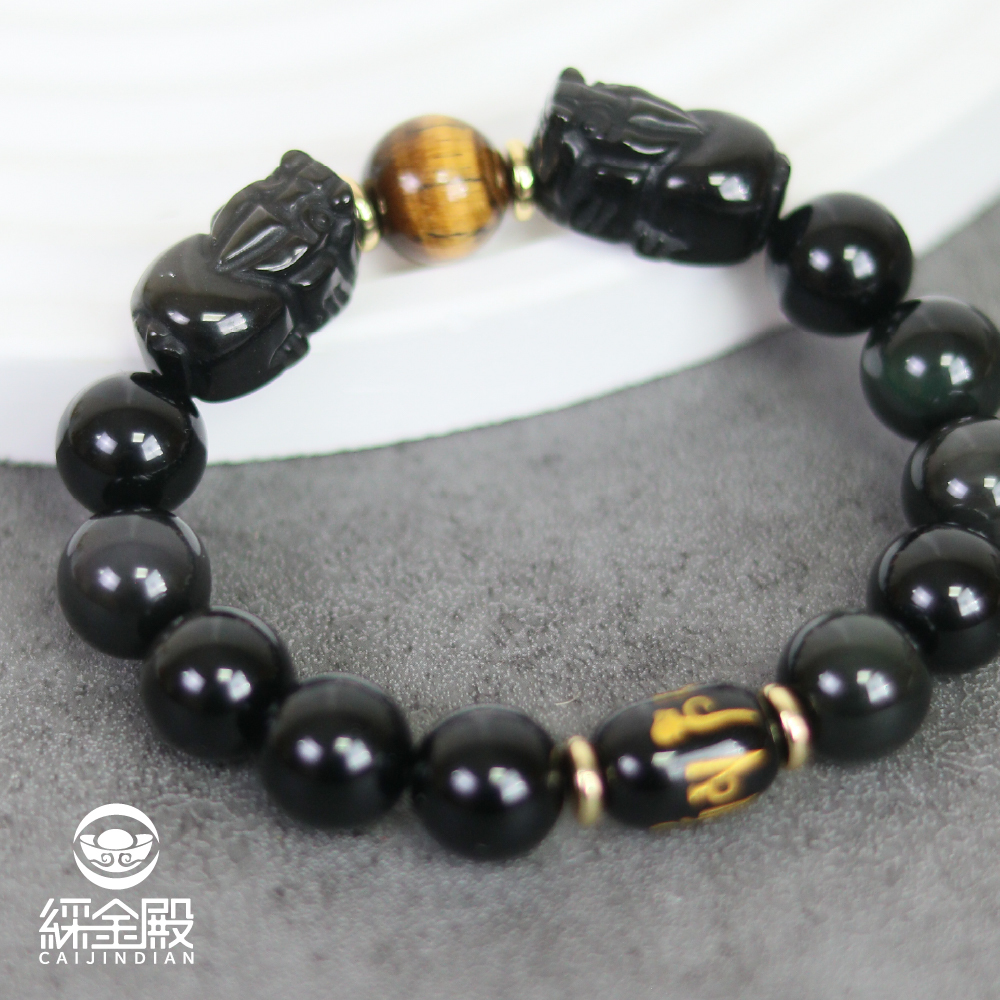 招財雙貔貅虎眼石手鍊-14mm｜招財｜防小人｜擋煞｜ 避邪【綵金殿】