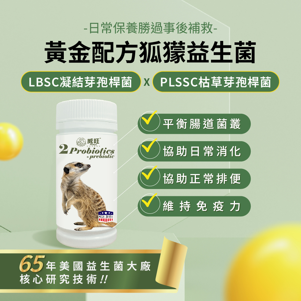 威旺狐獴腸胃二菌,使用雙芽孢桿菌配方,幫助腸道菌叢平衡與日常消化保養