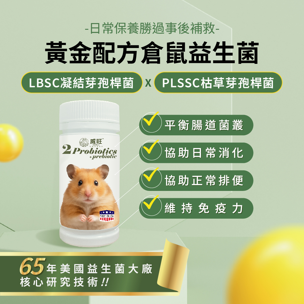 威旺倉鼠腸胃二菌,使用雙芽孢桿菌配方,幫助腸道菌叢平衡與日常消化保養