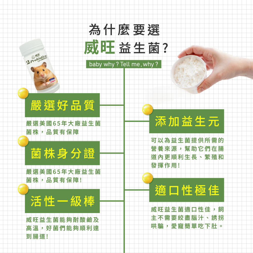 威旺益生菌產品特色介紹,強調嚴選美國65年大廠益生菌菌株、菌株身分證、耐酸耐熱高活性益生菌,添加益生元幫助腸道健康,適口性佳,適合寵物日常腸胃保健食用