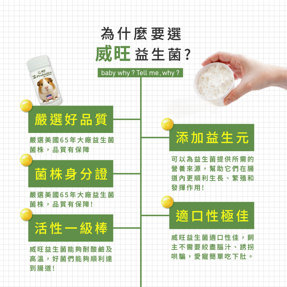 威旺益生菌產品特色介紹,強調嚴選美國65年大廠益生菌菌株、菌株身分證、耐酸耐熱高活性益生菌,添加益生元幫助腸道健康,適口性佳,適合寵物日常腸胃保健食用