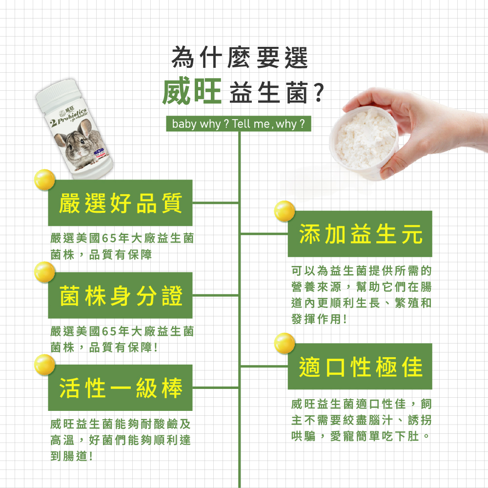 威旺益生菌產品特色介紹，強調嚴選美國65年大廠益生菌菌株、菌株身分證、耐酸耐熱高活性益生菌，添加益生元幫助腸道健康，適口性佳，適合寵物日常腸胃保健食用