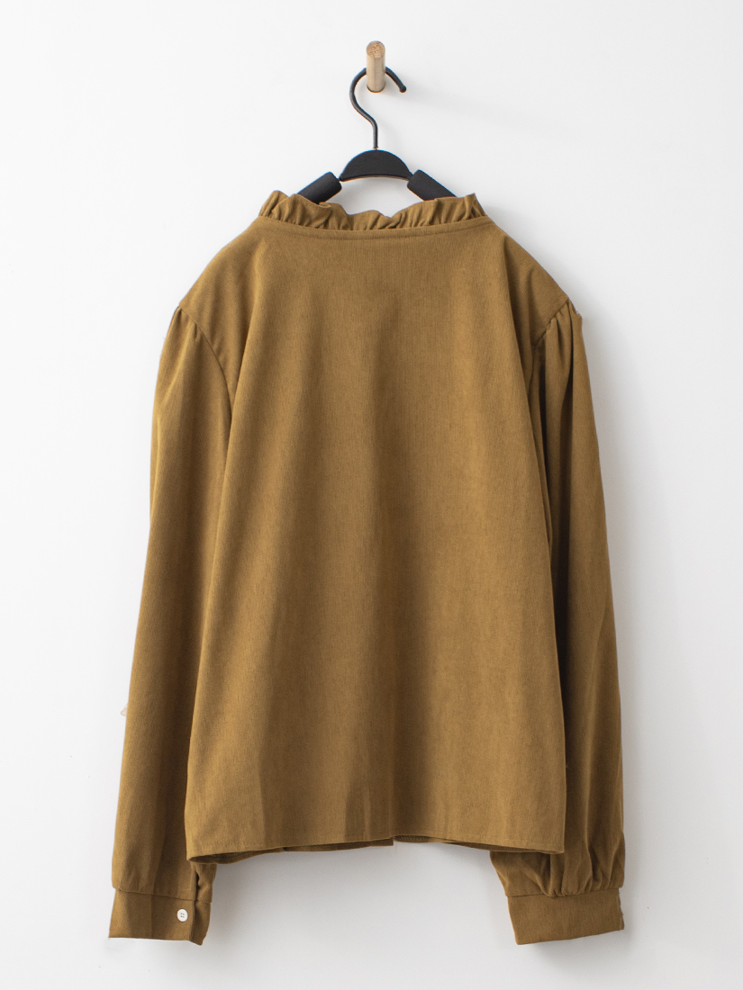 日系氣質繡花壓褶荷葉立領條絨上衣