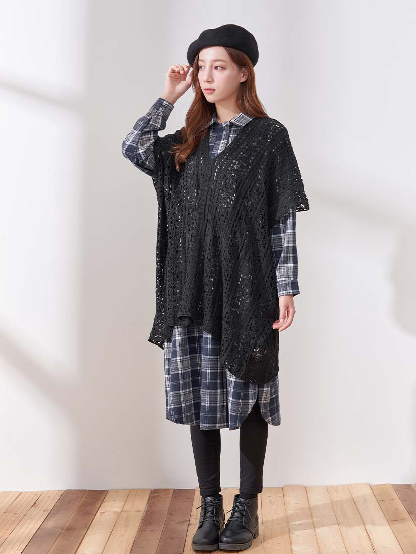 簍空針織罩衫格紋綁帶洋裝組合-ABDE