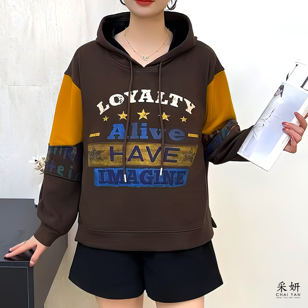 街頭風印花刷絨連帽長袖上衣