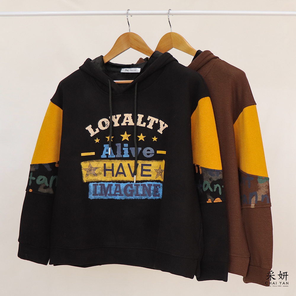 街頭風印花刷絨連帽長袖上衣