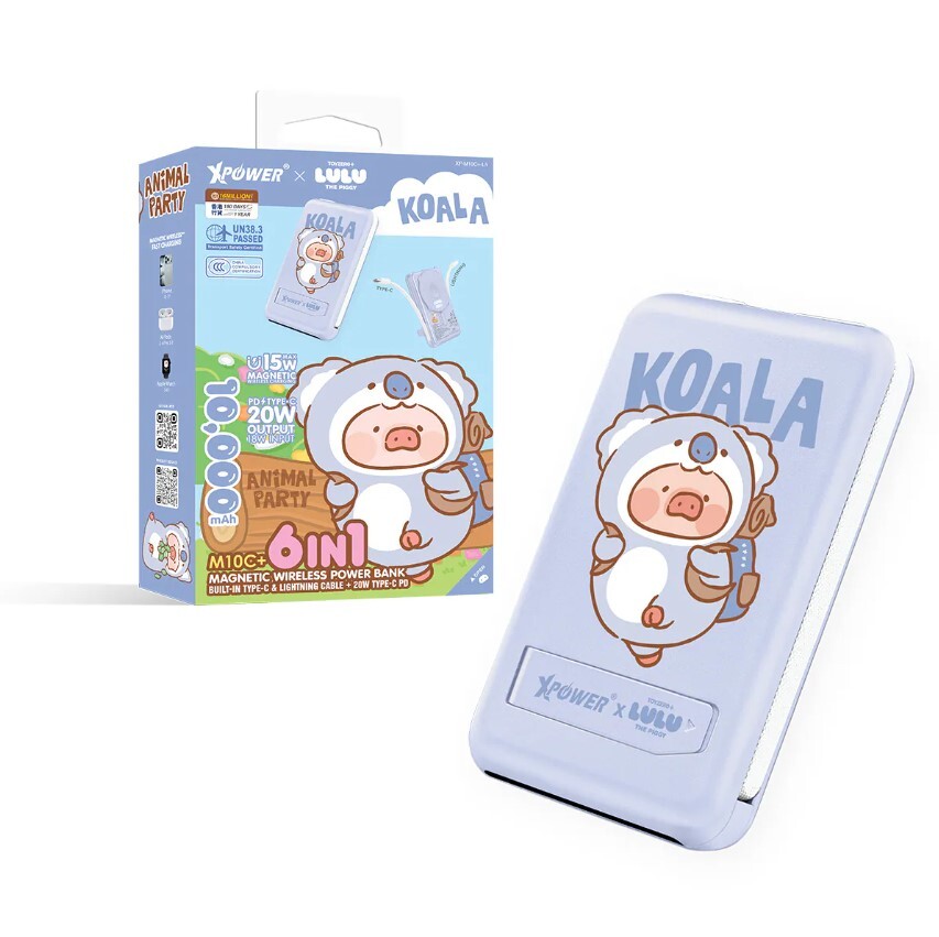 (3C認證)XPower x 罐頭豬LuLu🐷M10C+ 6合1 10000mAh多功能迷你20W PD3.0+ 磁吸無線快充移動電源 (樹熊)