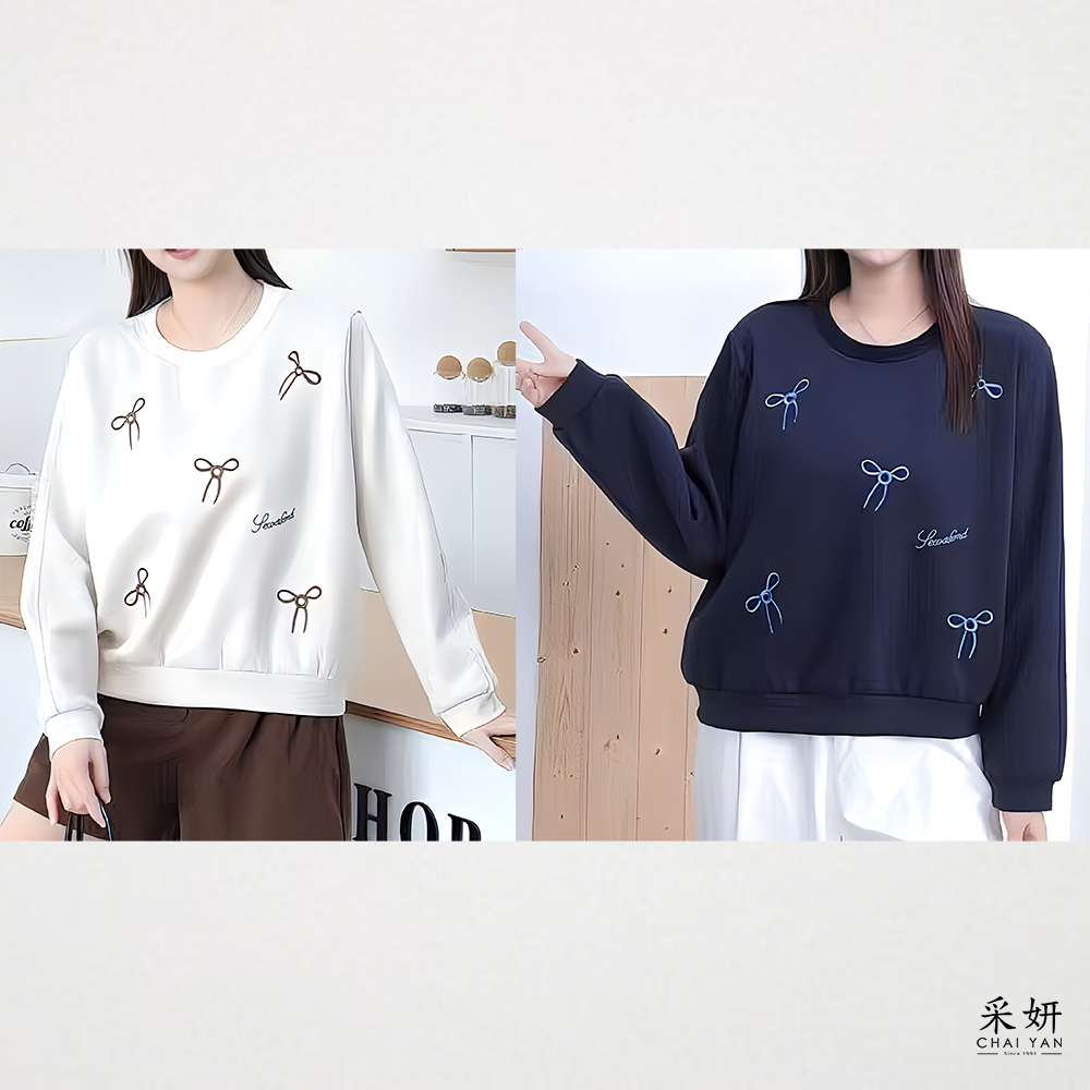 針織領刺繡空氣棉長袖上衣