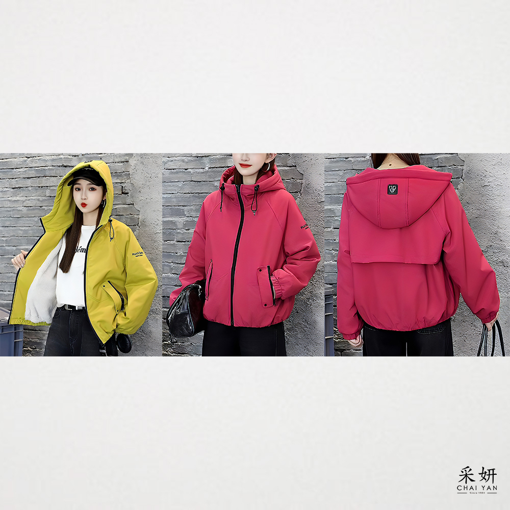 雙拉鍊口袋刷毛防風連帽外套