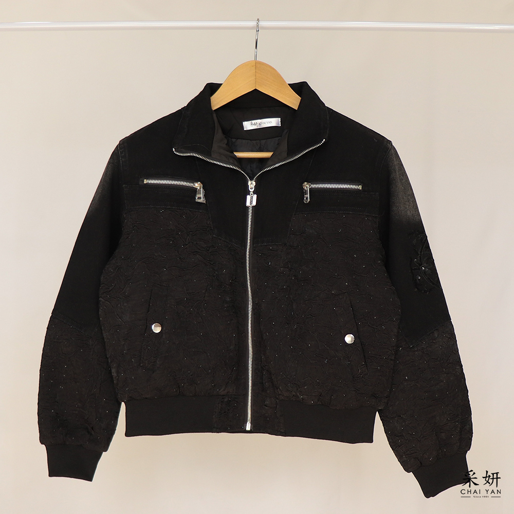 水鑽皺褶亮片牛仔舖棉外套