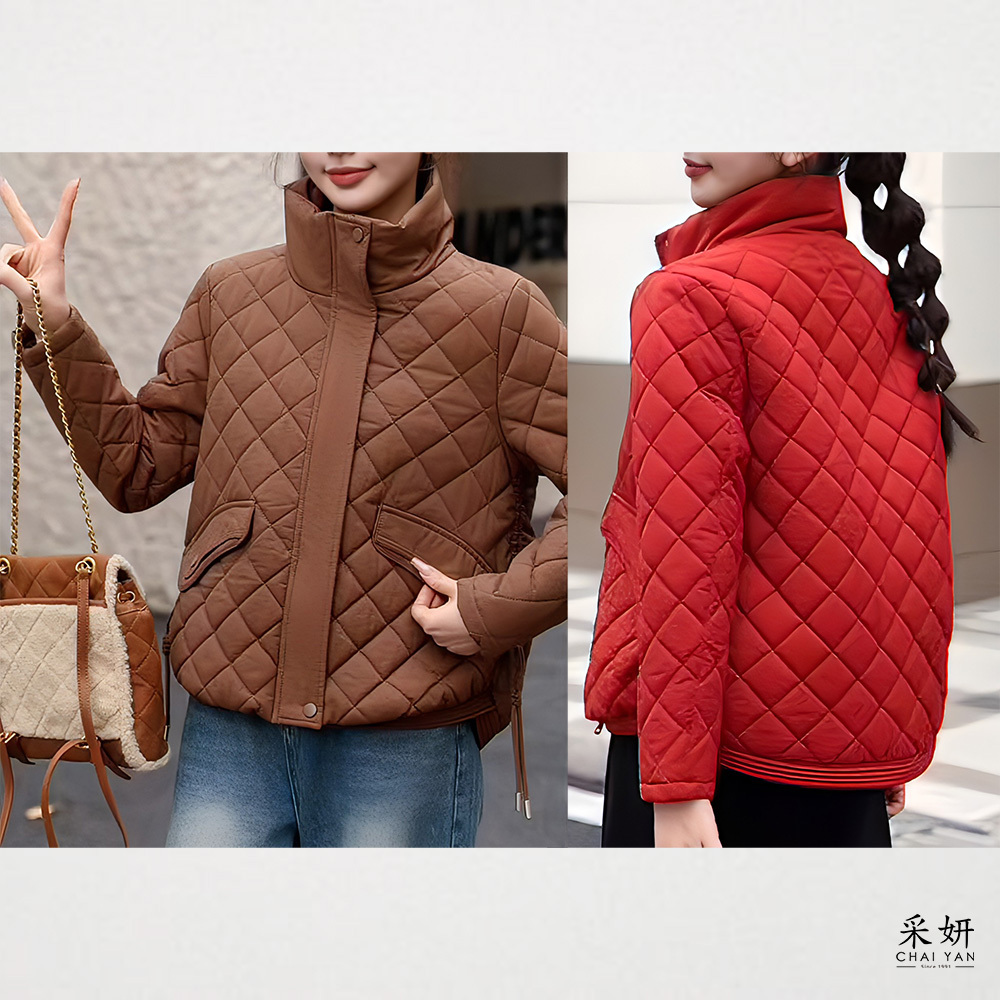 菱紋收腰厚鋪棉立領長袖外套