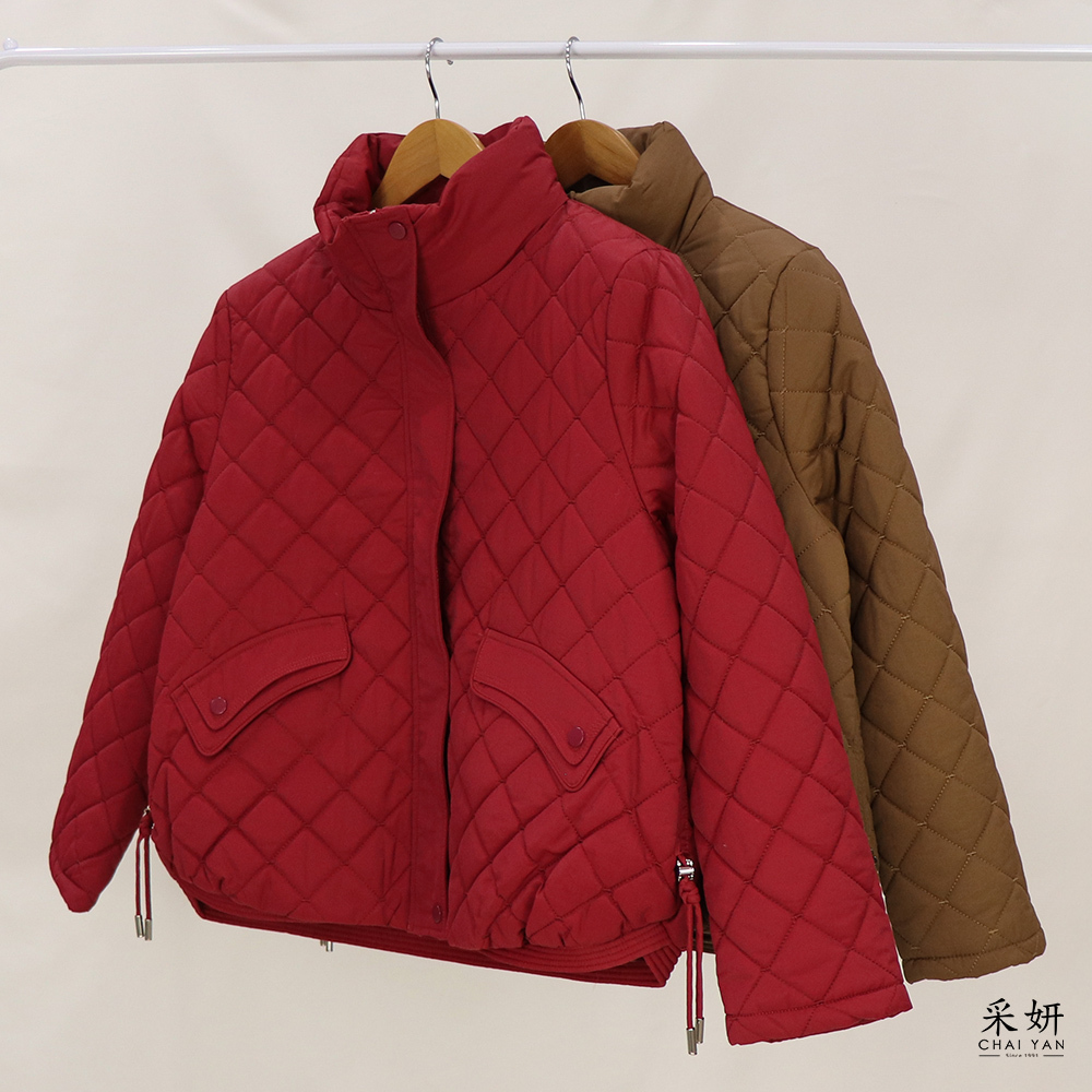 菱紋收腰厚鋪棉立領長袖外套