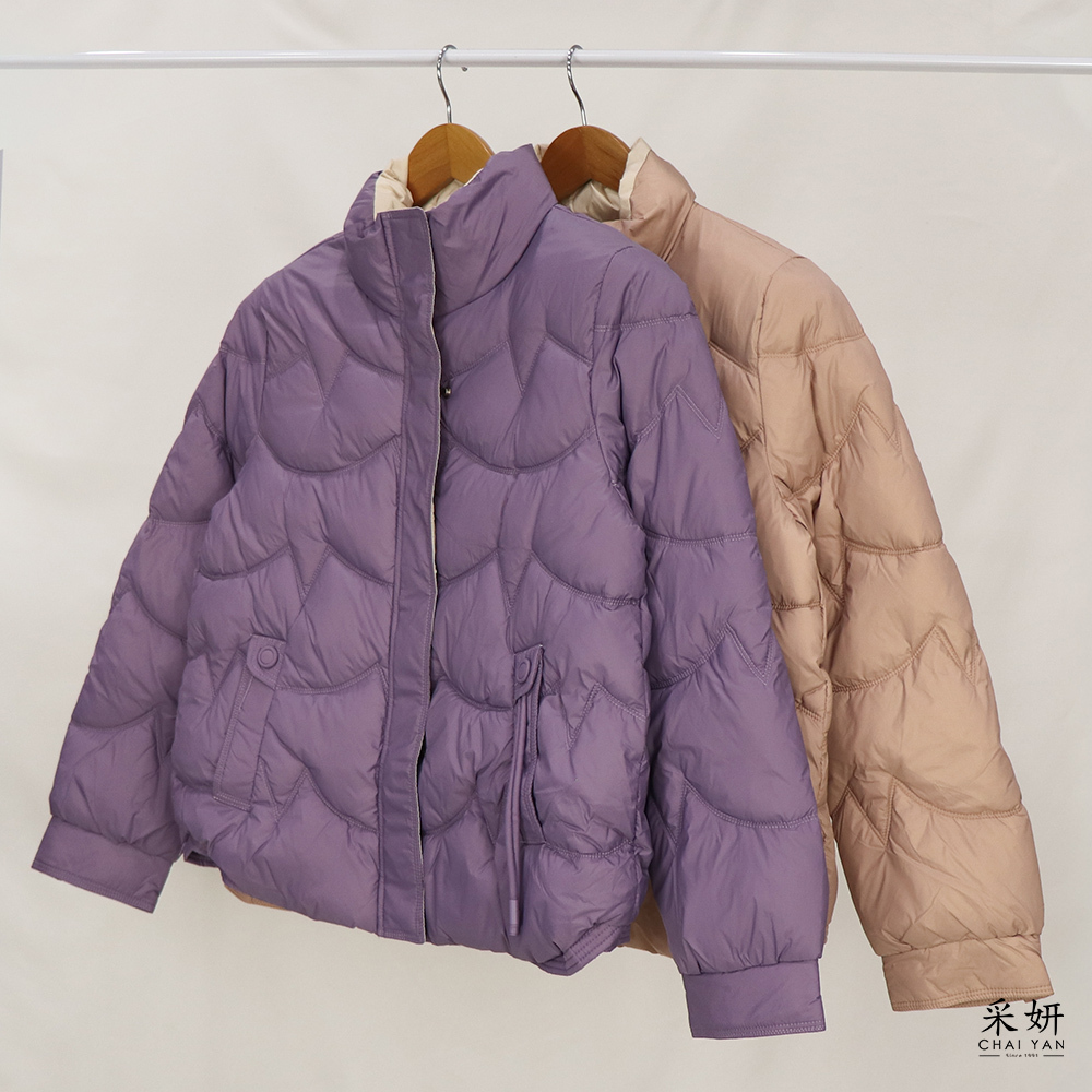 跳色V弧紋厚舖棉立領長袖外套