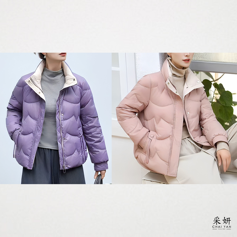 跳色V弧紋厚舖棉立領長袖外套