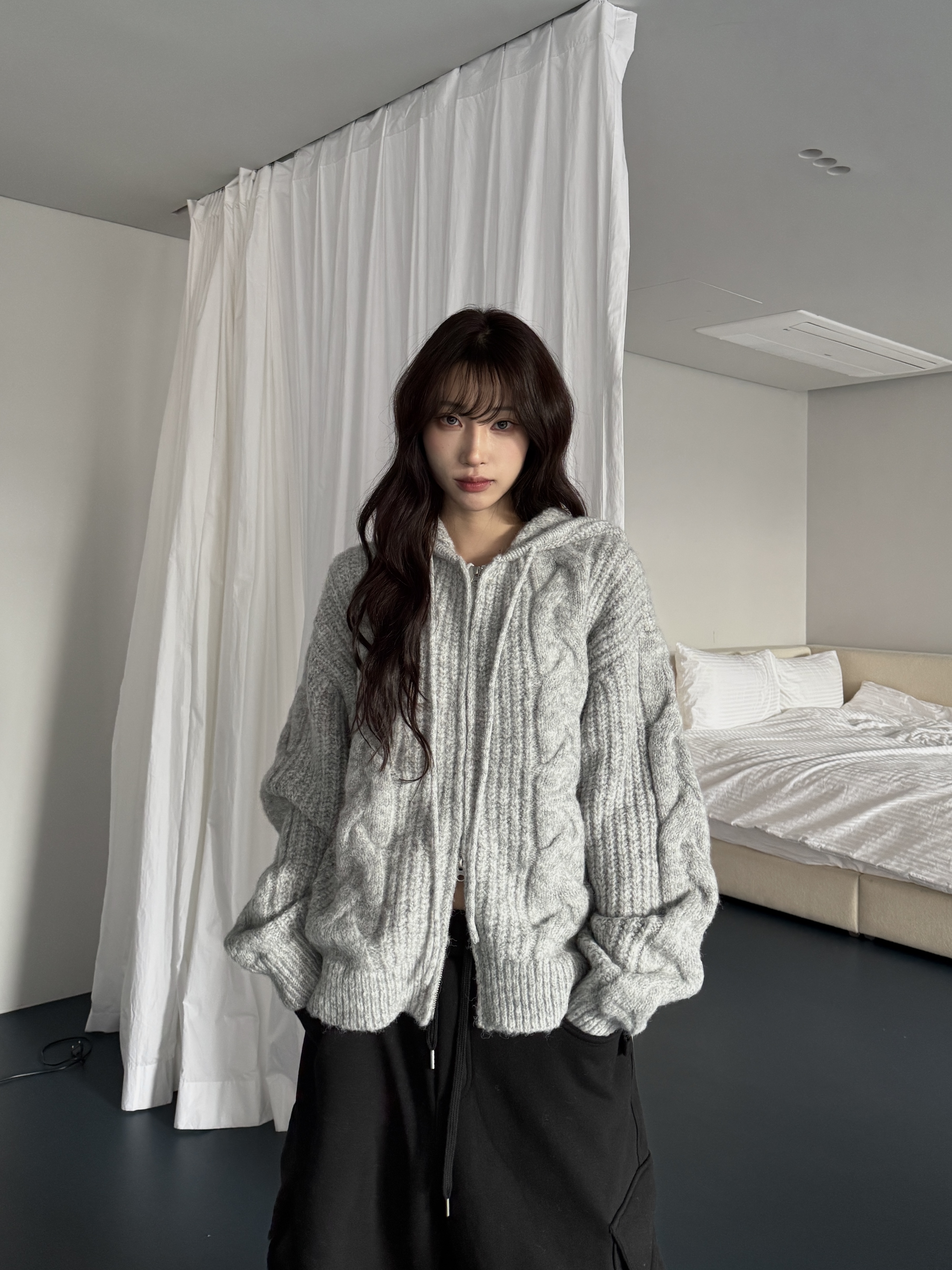 立體麻花 針織寬鬆連帽外套