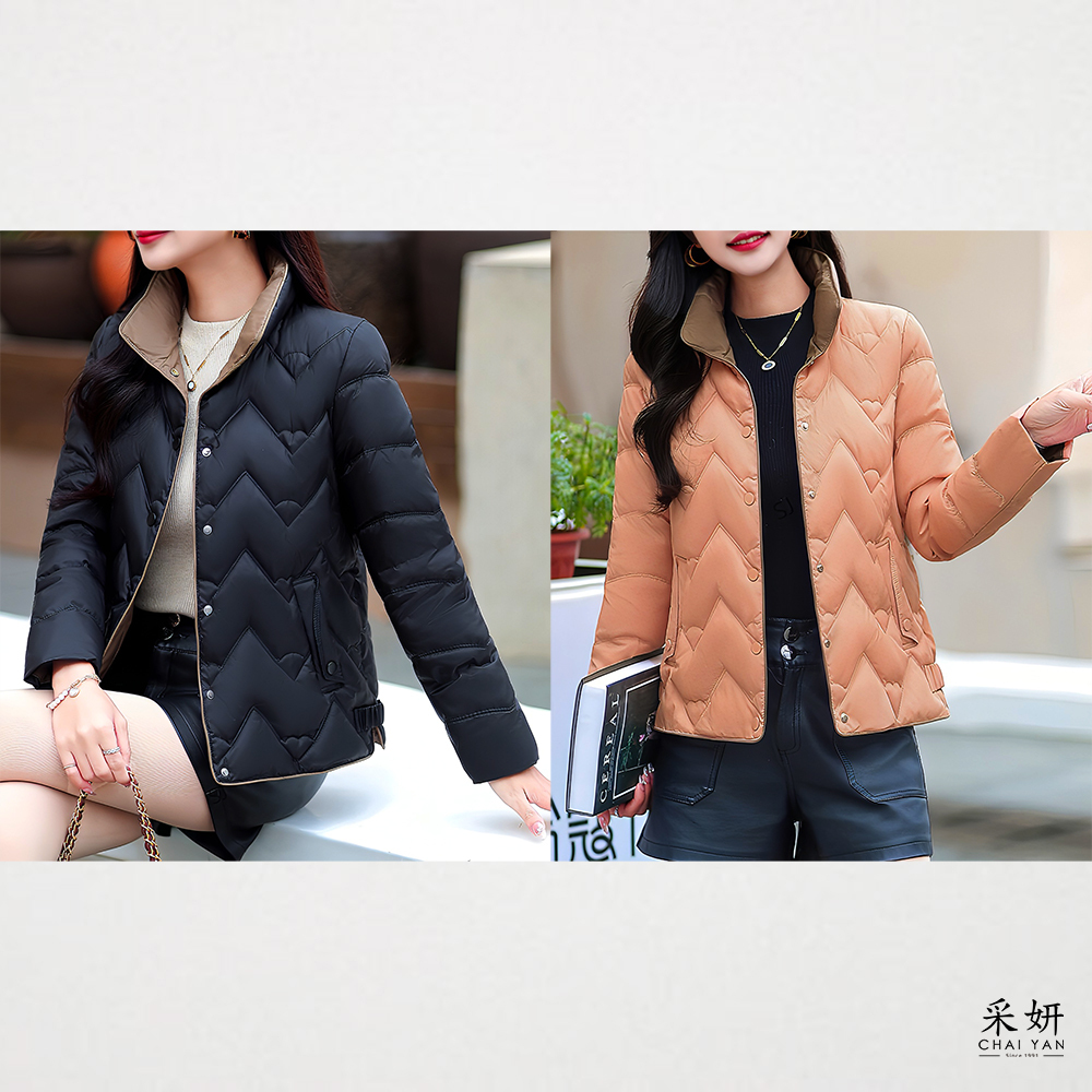 跳色壓釦厚舖棉立領長袖外套