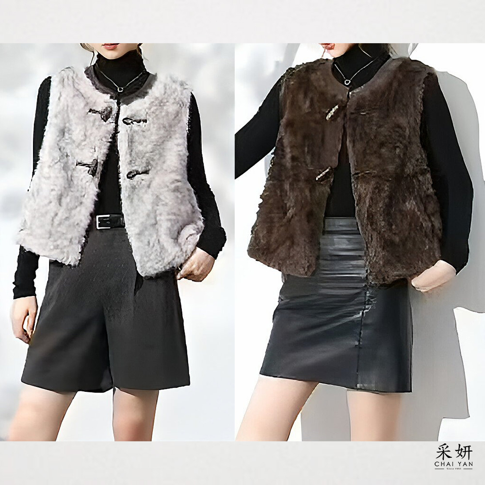 皮領三角釦貂皮背心