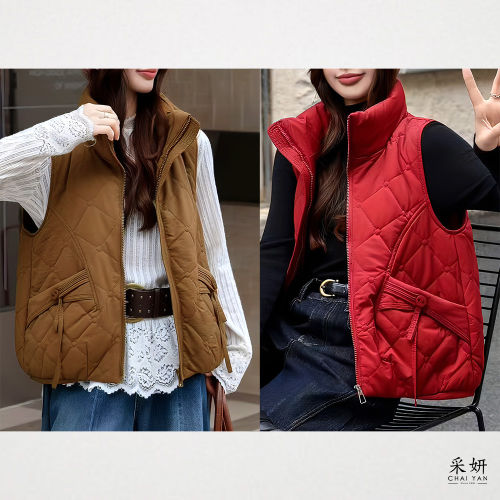 層次口袋立領拉鍊背心