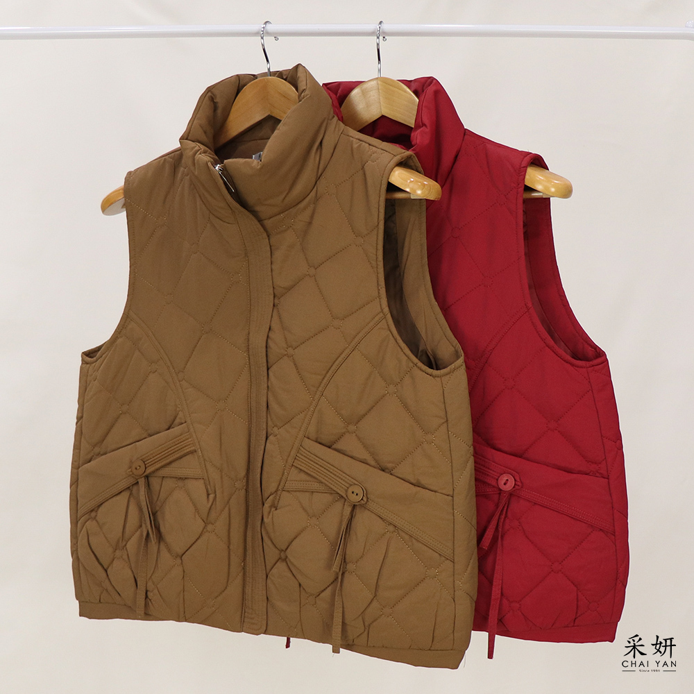 層次口袋立領拉鍊背心