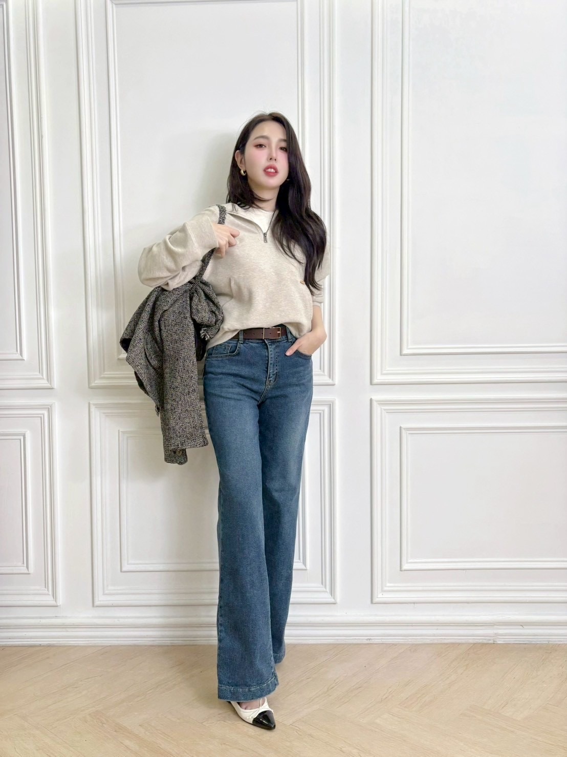 刷絨發熱!前雙口袋靴型牛仔褲