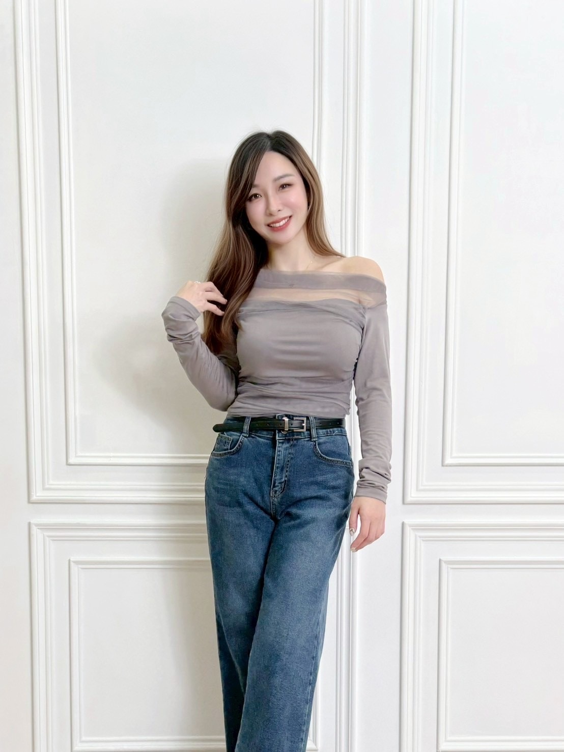 一字領透紗棉料長袖上衣