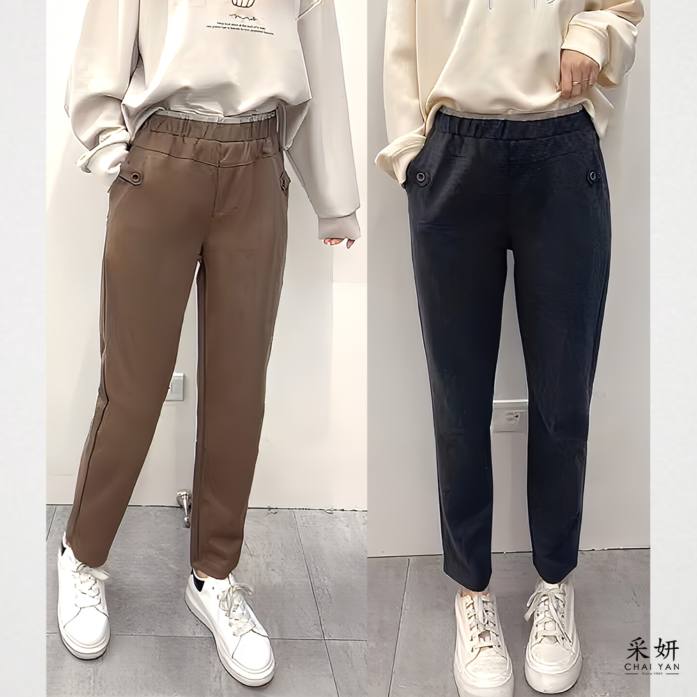 跳色腰頭厚毛織休閒長褲