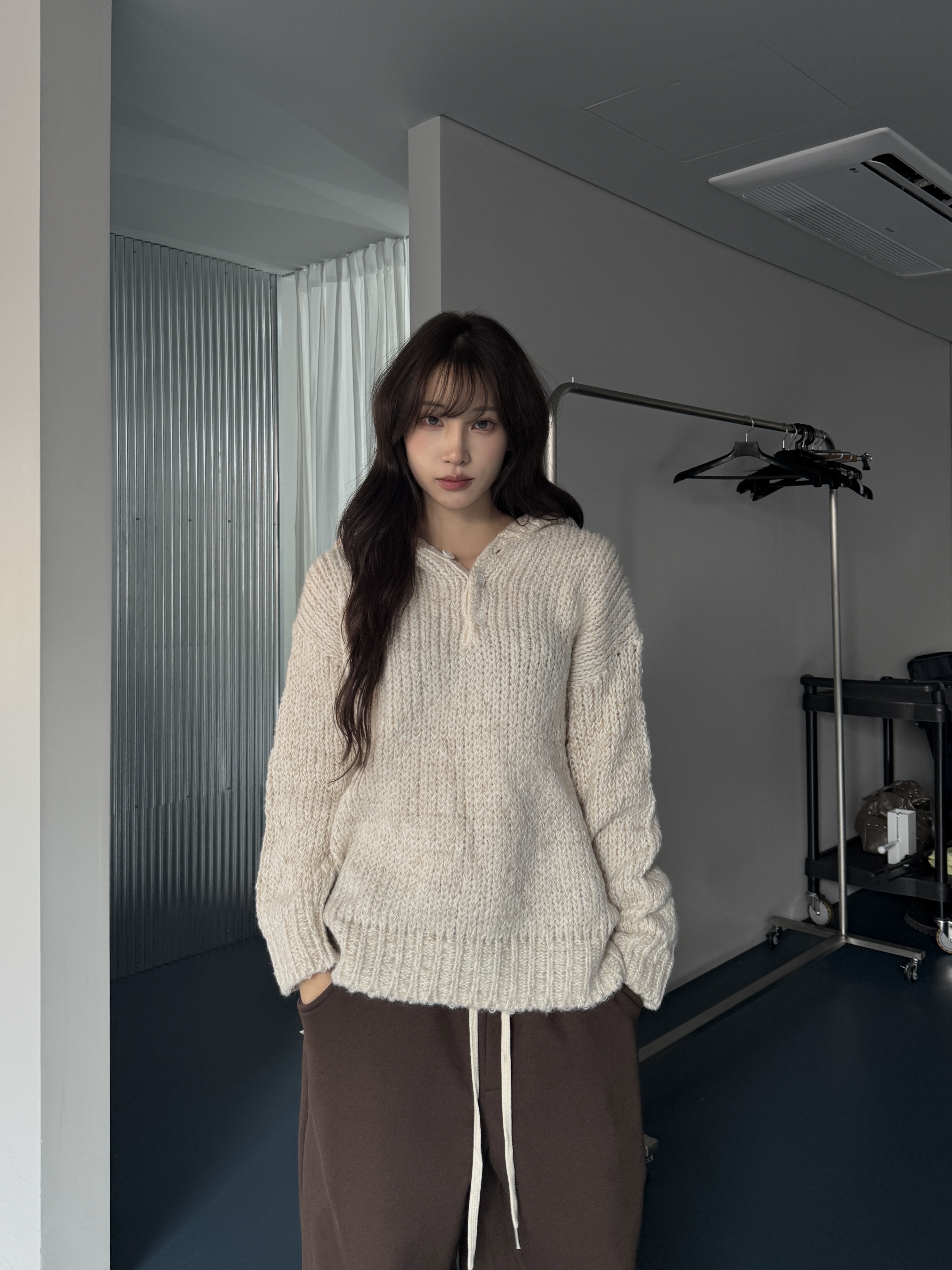 亨利領 羊毛針織 鈕扣寬鬆帽t