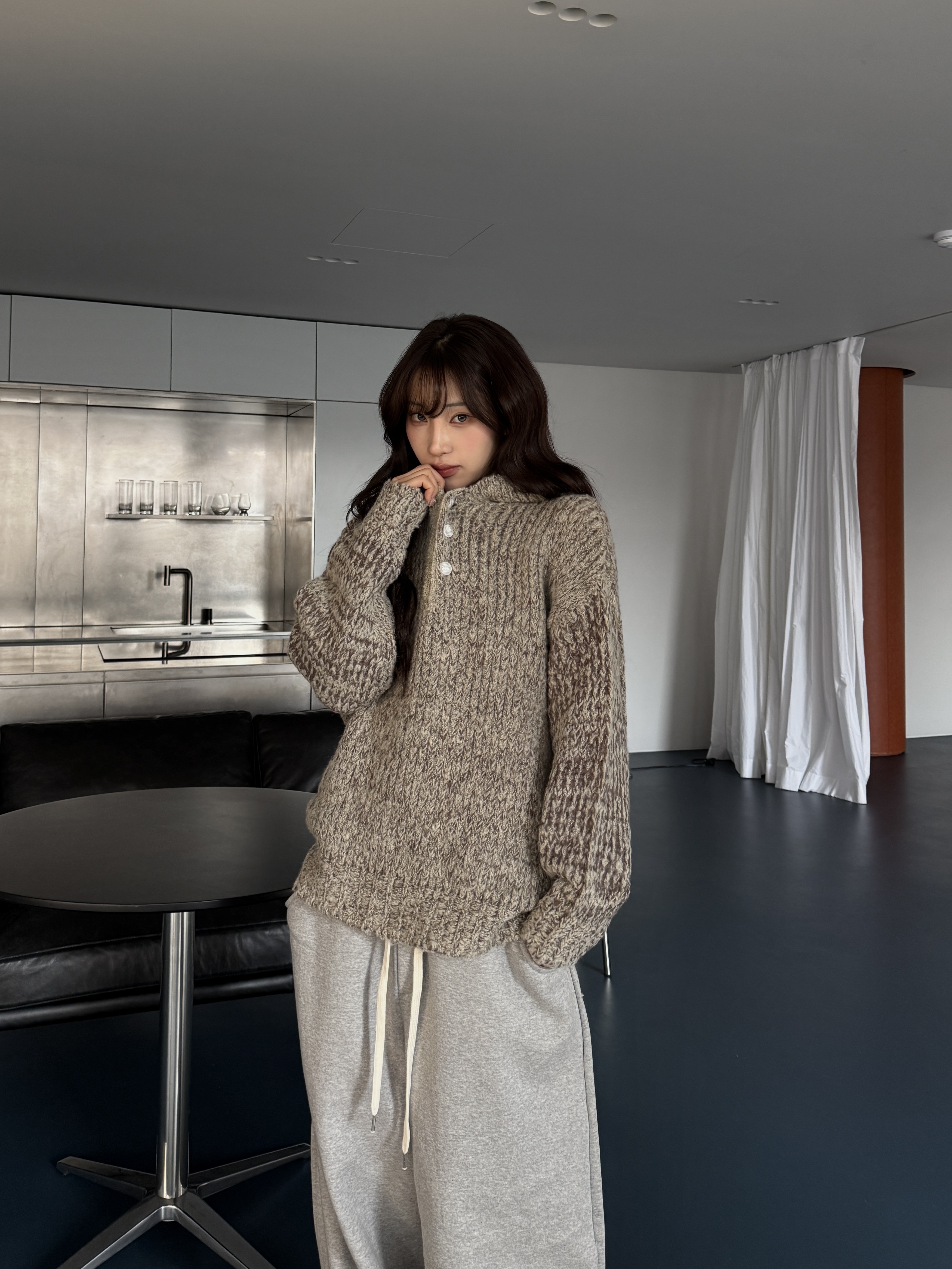 亨利領 羊毛針織 鈕扣寬鬆帽t