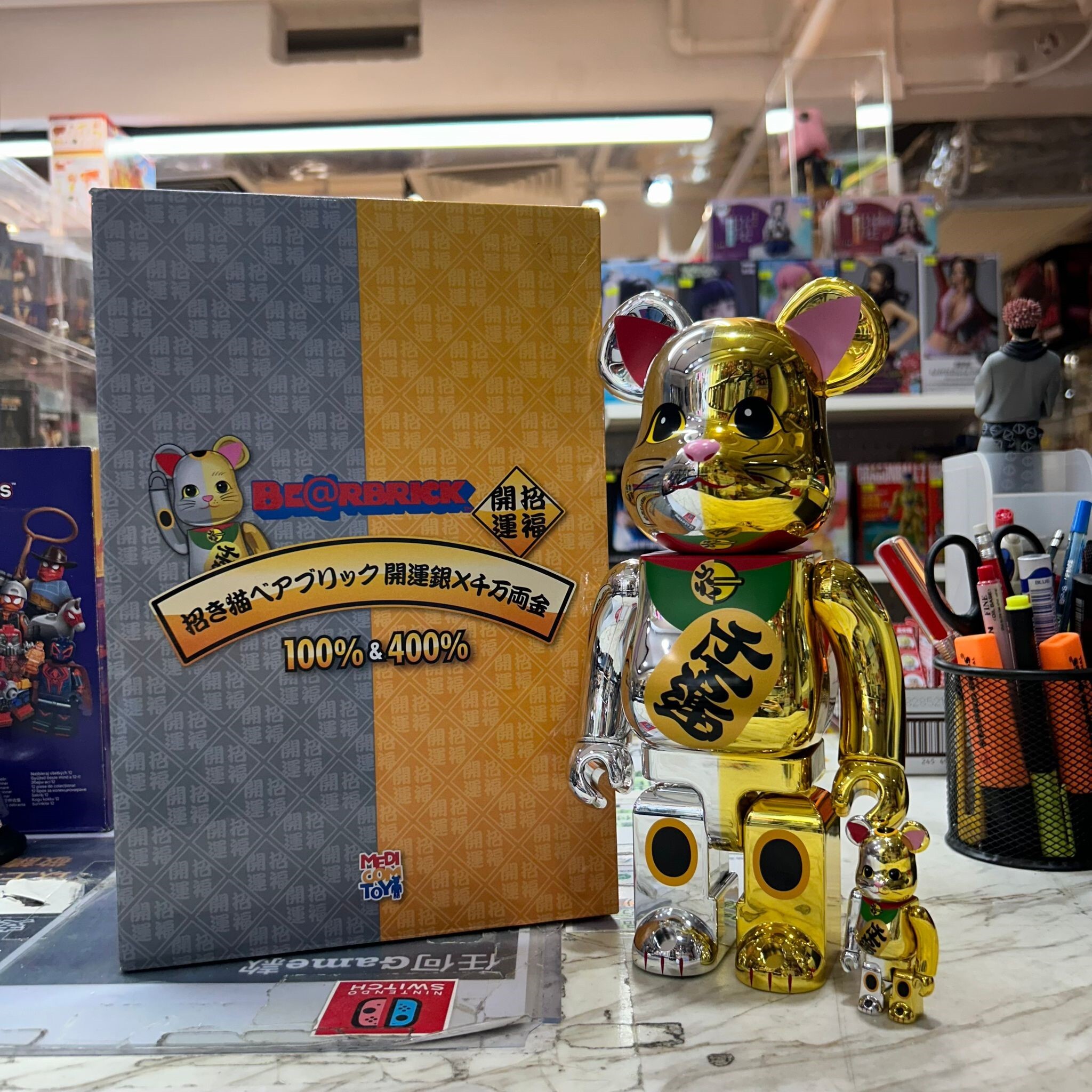 Medicom Toy Be@rbrick 開運招財貓 金銀色 100% & 400% (開封品,介意者請勿下單,不設退換) [BB(9)]