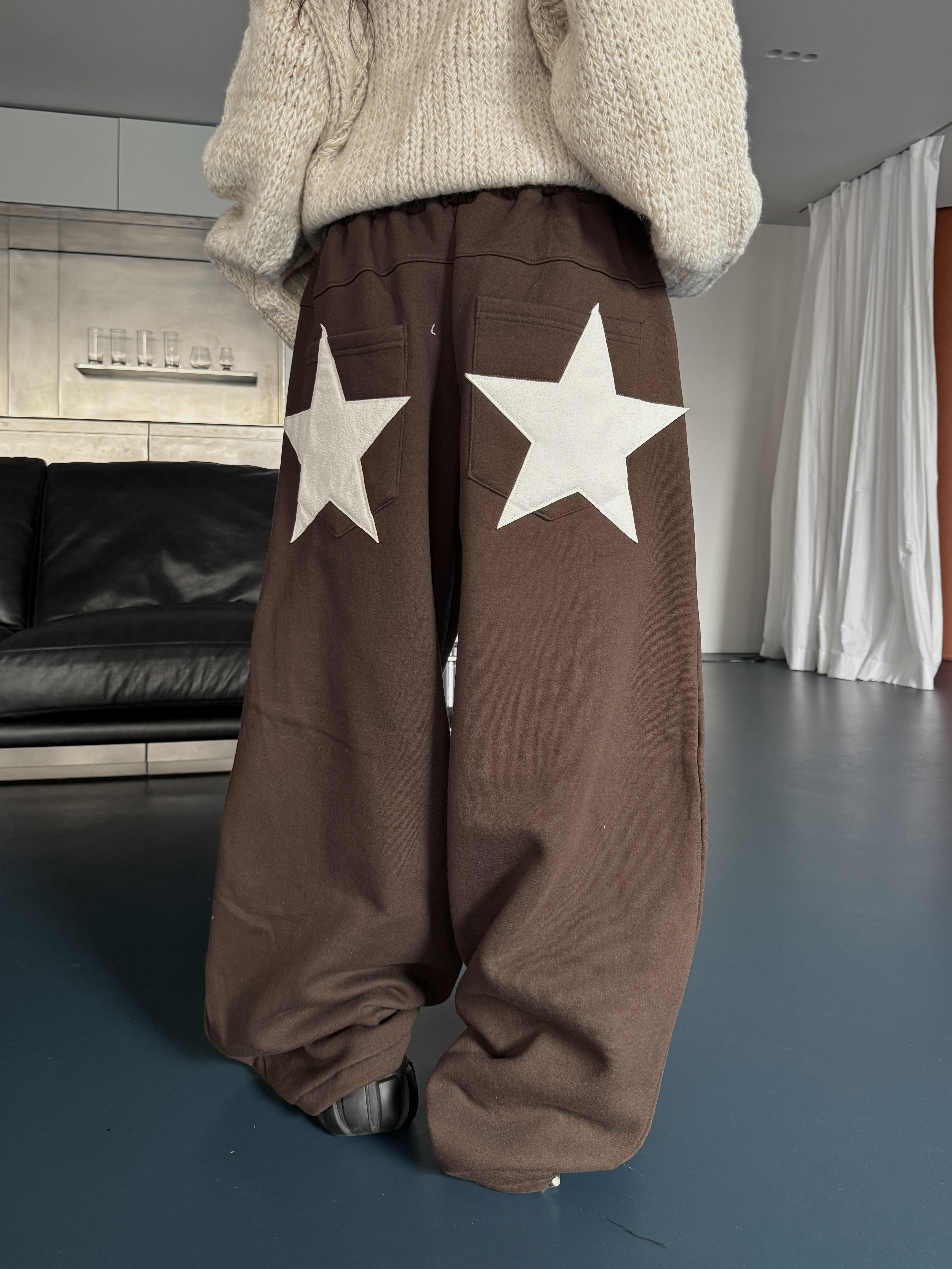 雙星貼片 立體寬鬆刷毛長褲（部分現貨）