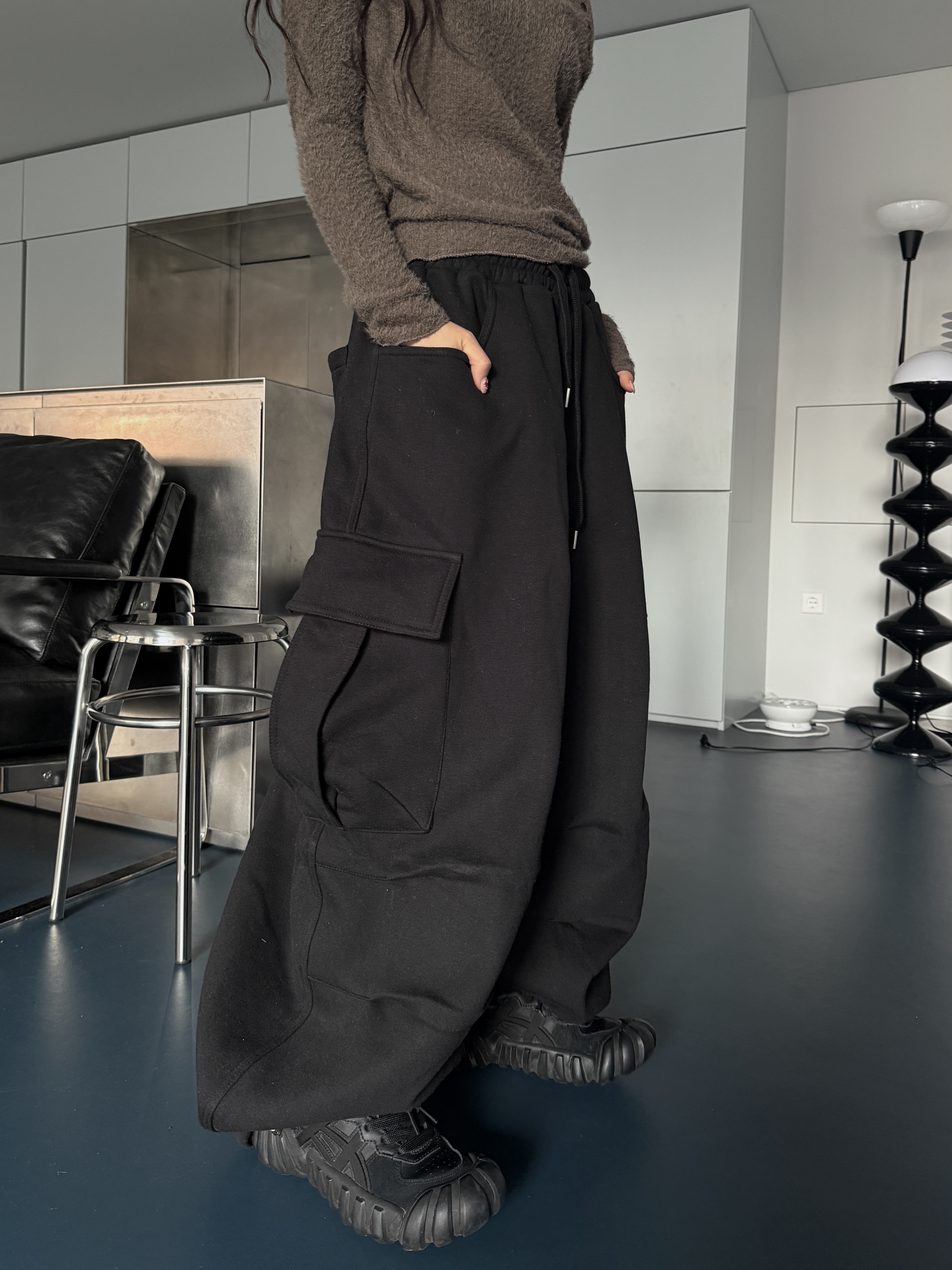 立體輪廓 厚刷毛 工作寬版長褲