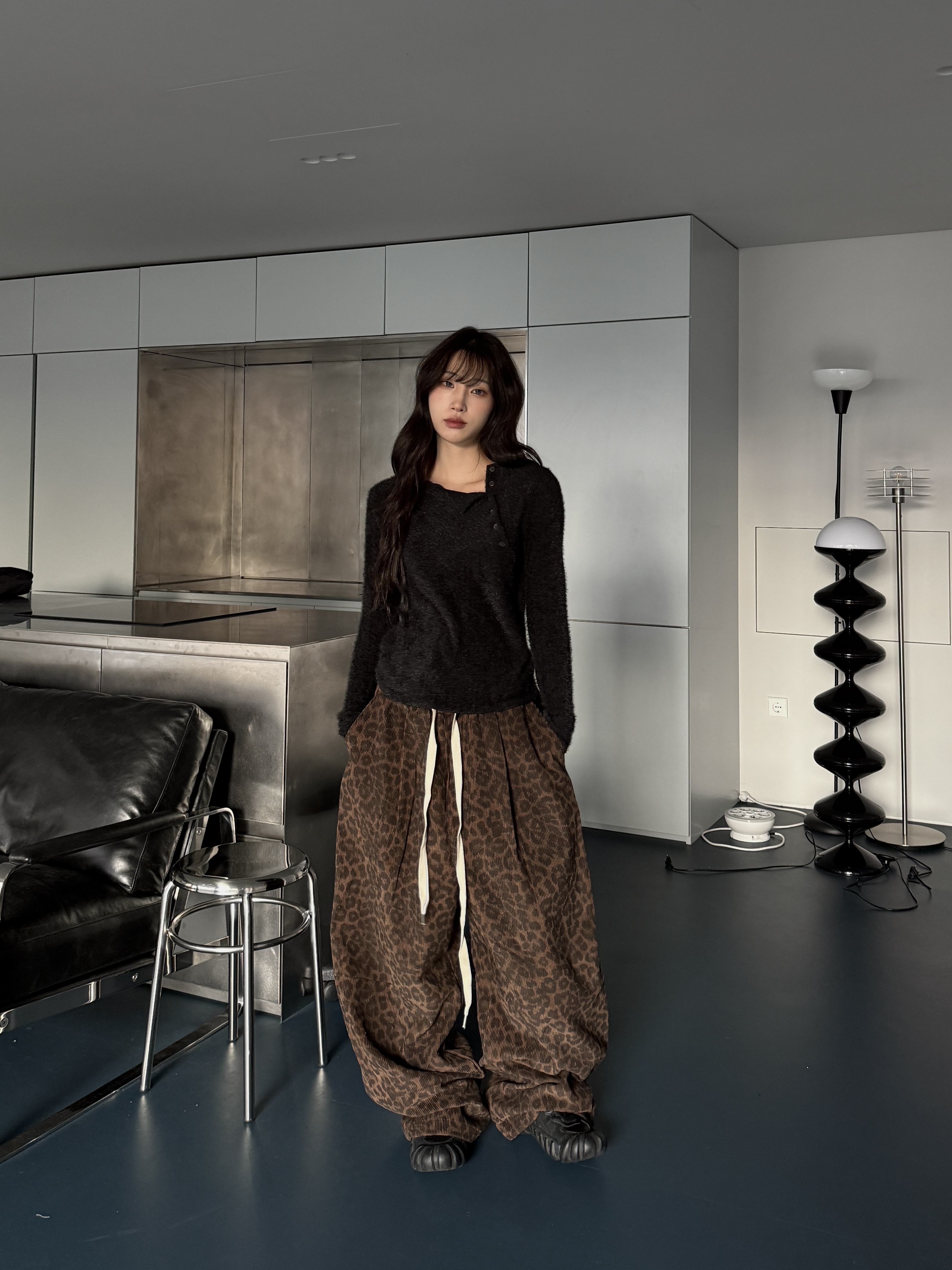 燈芯絨 豹紋造型鬆緊寬褲