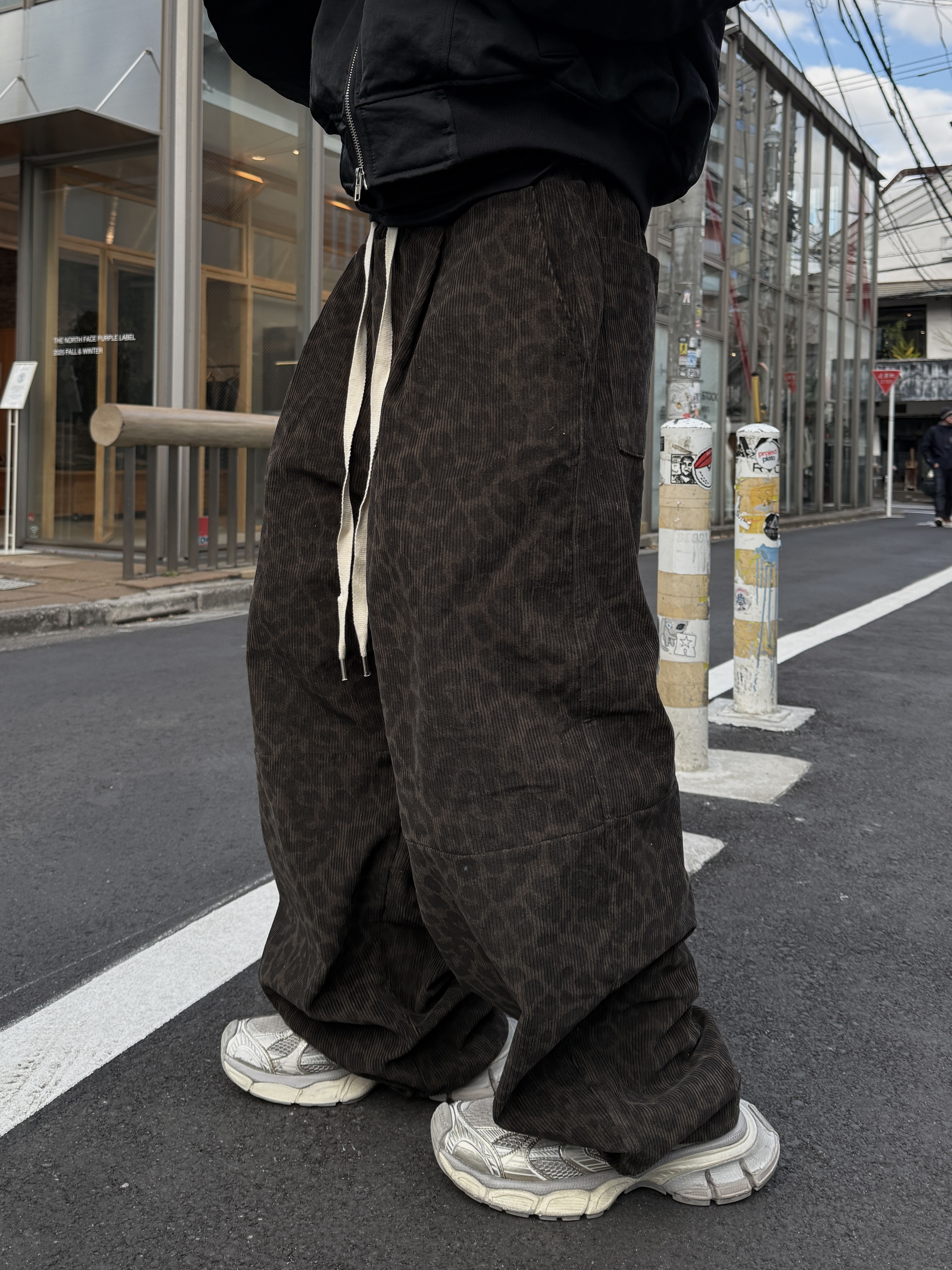 燈芯絨 豹紋造型鬆緊寬褲