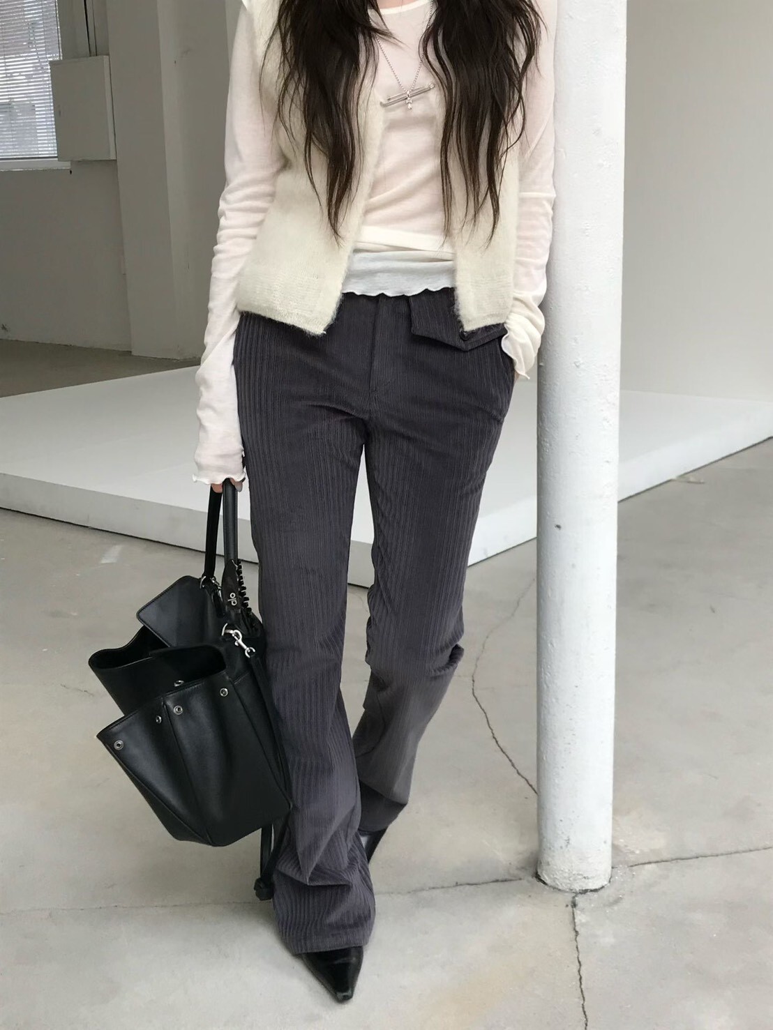 直紋蓋袋直筒長褲